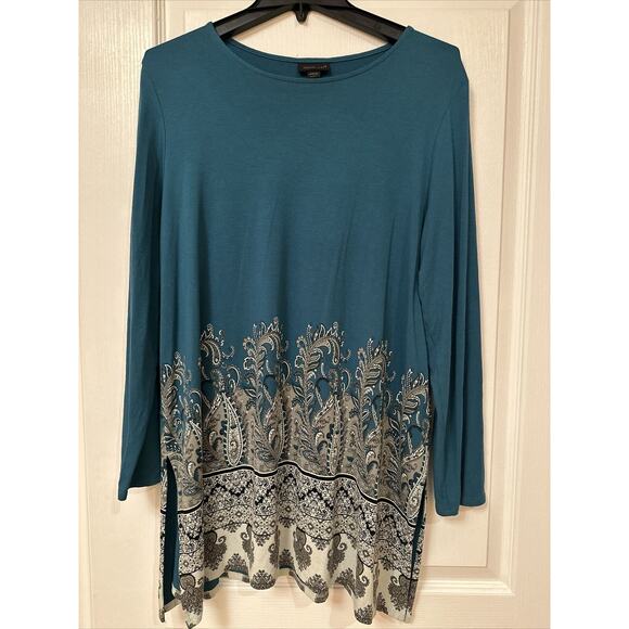 J. Jill Wearever Large Petite LP  Paisley Border Teal Gray Tunic Top Long Sleeve - Picture 1 of 6
